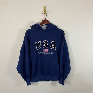 Vintage USA Washington DC Hoodie‎ Sweatshirt Mens Large Blue Embroidered retro